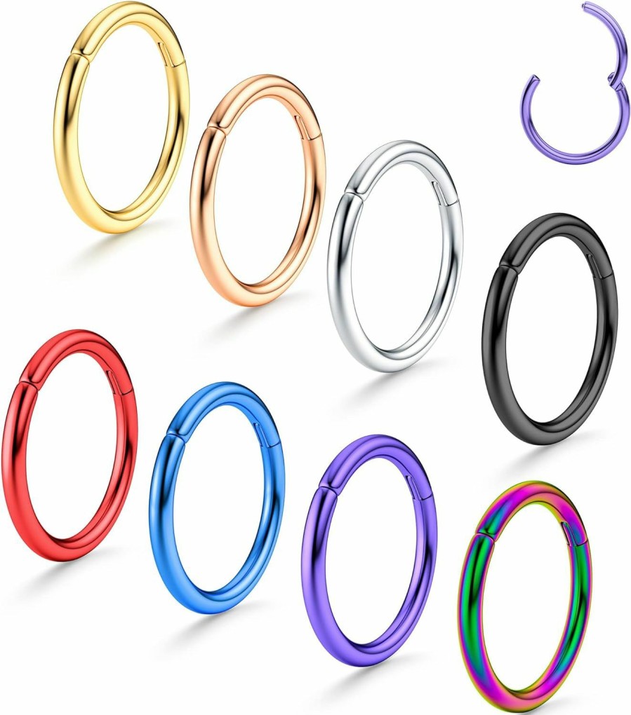 SAILIMUE Sailimue 8 Pcs 16G 18G G23 Titanium Nose Rings Hoop For Women Men Multi-Color Hinged Cartilage Lip Septum Rings Helix Conch Tragus Piercing Jewelry 8Mm 10Mm | Body Piercing Rings