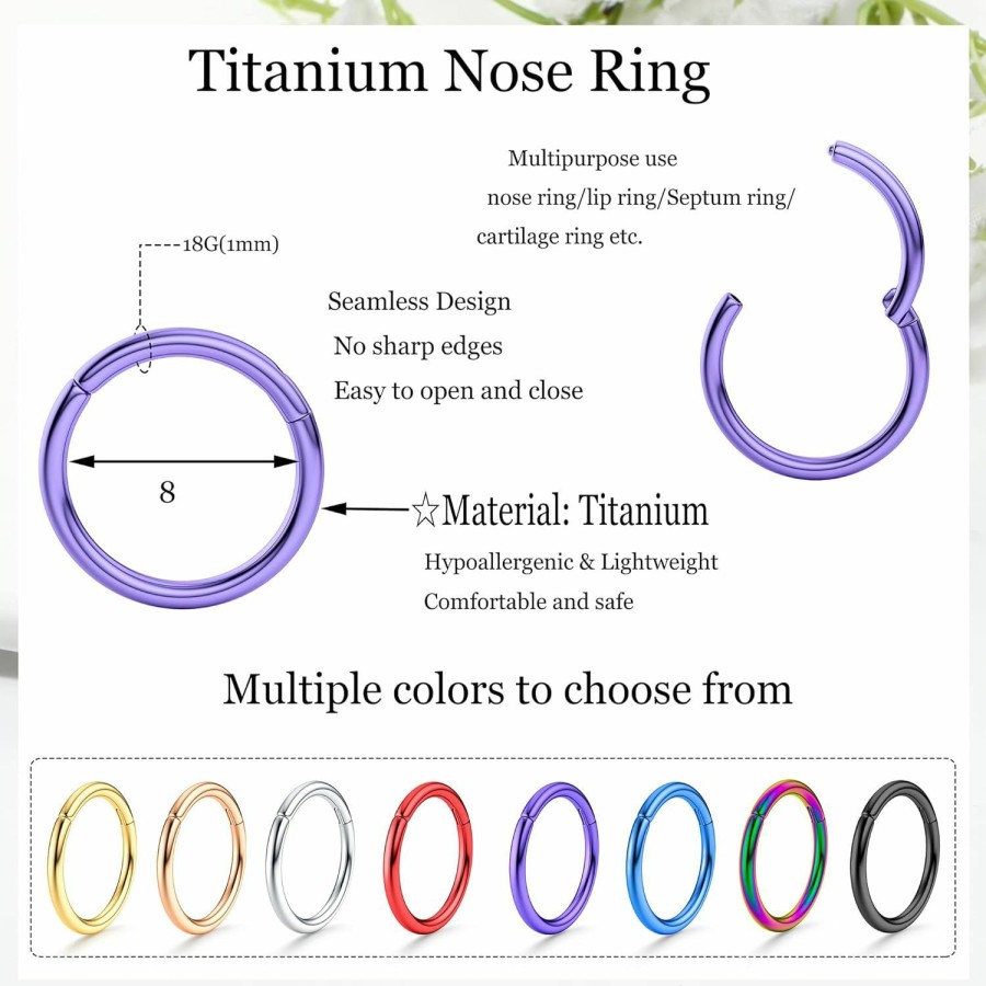 SAILIMUE Sailimue 8 Pcs 16G 18G G23 Titanium Nose Rings Hoop For Women Men Multi-Color Hinged Cartilage Lip Septum Rings Helix Conch Tragus Piercing Jewelry 8Mm 10Mm | Body Piercing Rings