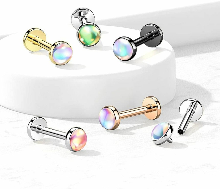 Amelia Fashion Amelia Fashion 16 Gauge Iridescent Stone Top On Internally Threaded 316L Surgical Steel Flat Back Studs For Labret, Monroe, Cartilage And More | Body Piercing Rings