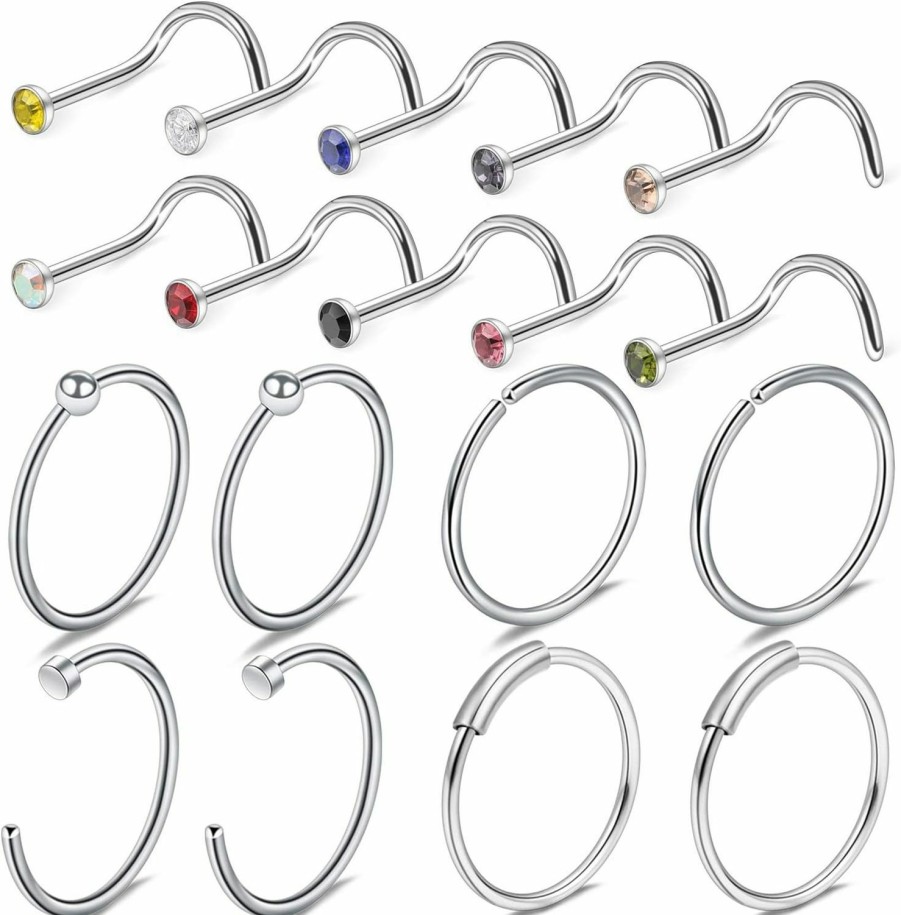 SCERRING Scerring 22 Gauge Nose Rings Hoop Stainless Steel Bone L Shaped Screw 2Mm Cz Nose Studs Cartilage Daith Tragus Ear Piercing Ring Hoop Body Jewelry Set 18-78Pcs | Body Piercing Rings