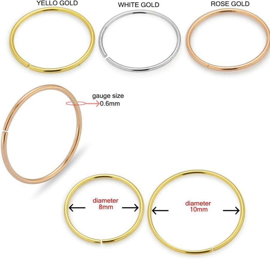 AtoZ Piercing 10K Solid Yellow Gold 22 Gauge - 8Mm Length Seamless Open Hoop Nose Piercing Ring | Body Piercing Rings