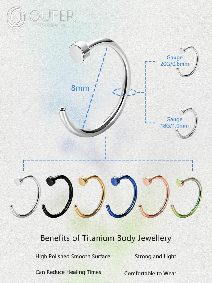 OUFER Oufer 6Pcs Titanium Nose Ring Hoop, G23 Solid Titanium Nose Studs, Colorful Nose Piercing Jewelry For Women And Men | Body Piercing Rings