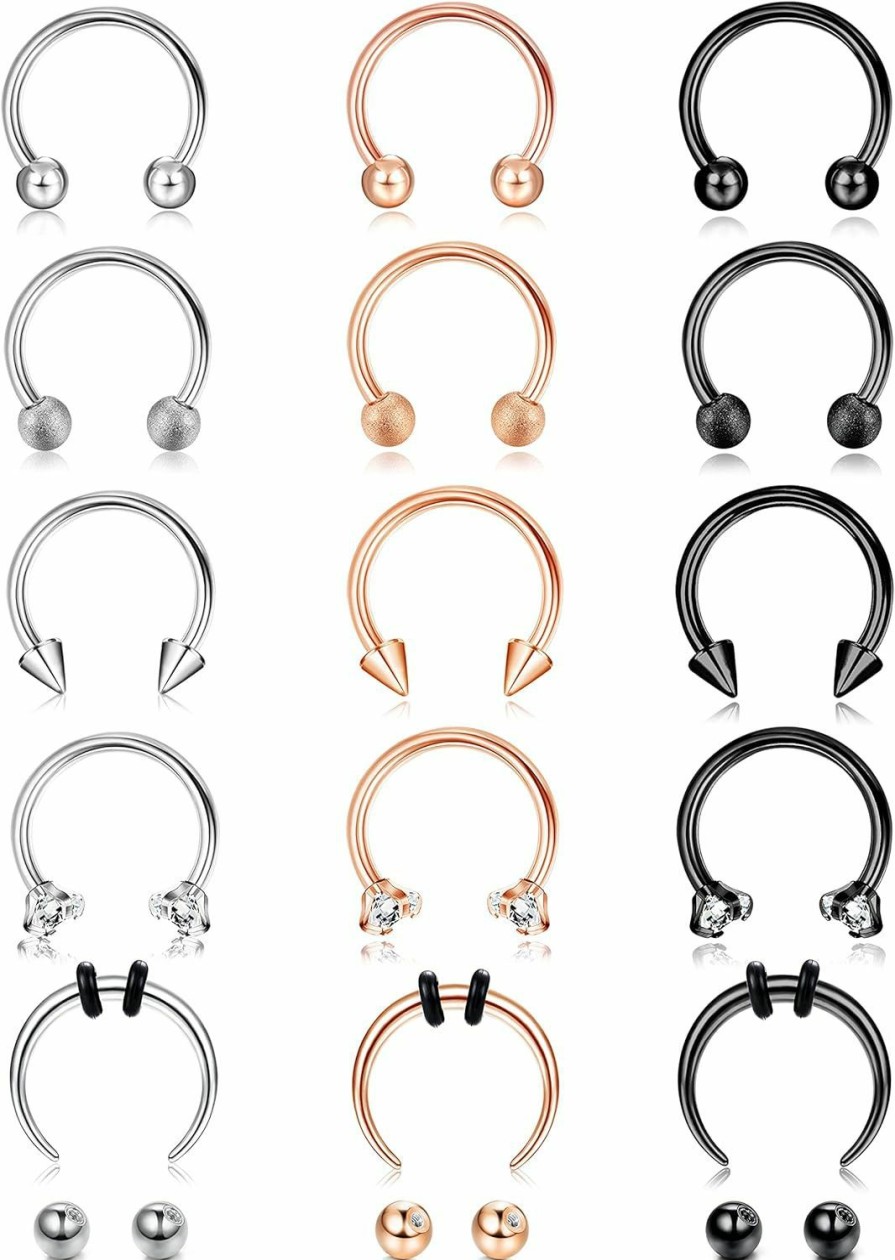 SAILIMUE Sailimue 15 Pcs 16G Septum Rings For Women Men Hypoallergenic Surgical Stainless Steel Nose Ring Horseshoe Lip Rings Eyebrow Helix Daith Piercing Septum Jewelry Silver Black Rose Gold | Body Piercing Rings