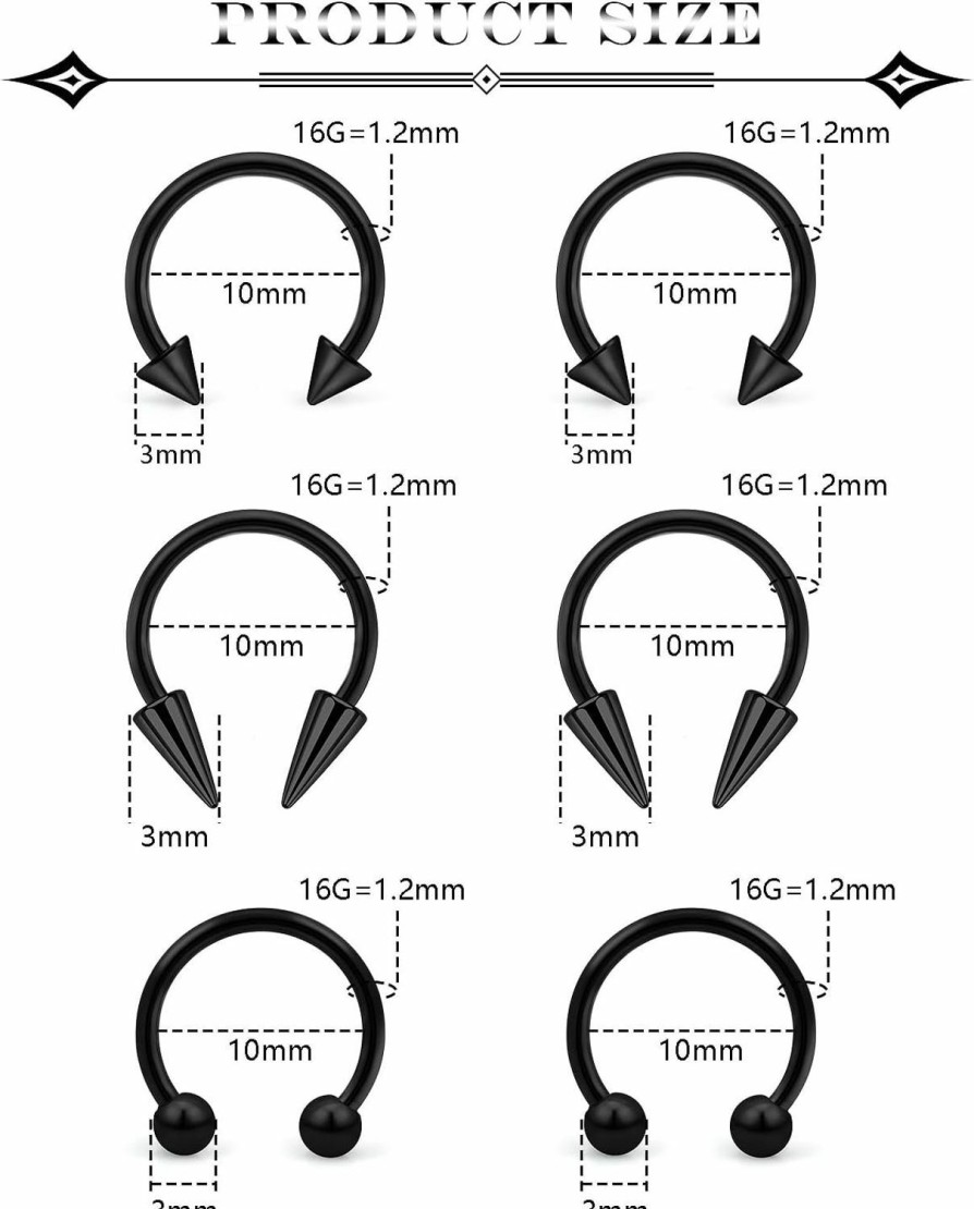 Ovxznts Ovxznts 6Pcs Septum Rings 16G Surgical Steel Snake Bite Jewelry Long Spike Horseshoe Lip Rings Smiley Piercing Jewelry For Women Men 8Mm 10Mm | Body Piercing Rings