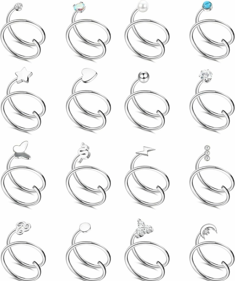 THUNARAZ Thunaraz 16Pcs Double Nose Ring Hoop For Single Piercing 20G Stainless Steel Nose Hoop Spiral Moon Star Pearl Ball Butterfly Snake Cz Twisted Double Hoop Earrings For Women | Body Piercing Rings