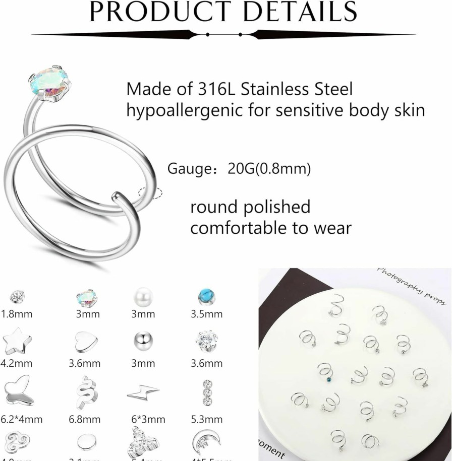 THUNARAZ Thunaraz 16Pcs Double Nose Ring Hoop For Single Piercing 20G Stainless Steel Nose Hoop Spiral Moon Star Pearl Ball Butterfly Snake Cz Twisted Double Hoop Earrings For Women | Body Piercing Rings