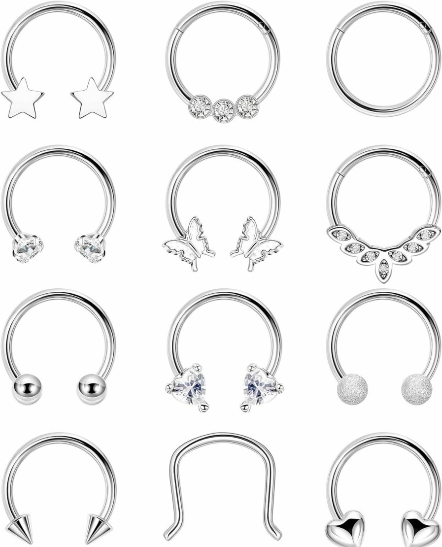 REVOLIA Revolia 12Pcs 16G Surgical Steel Septum Rings For Women Men Horseshoe Septum Rings Hoop Cz Heart Star Butterfly Cartilage Helix Tragus Daith Earrings Piercing Jewelry | Body Piercing Rings