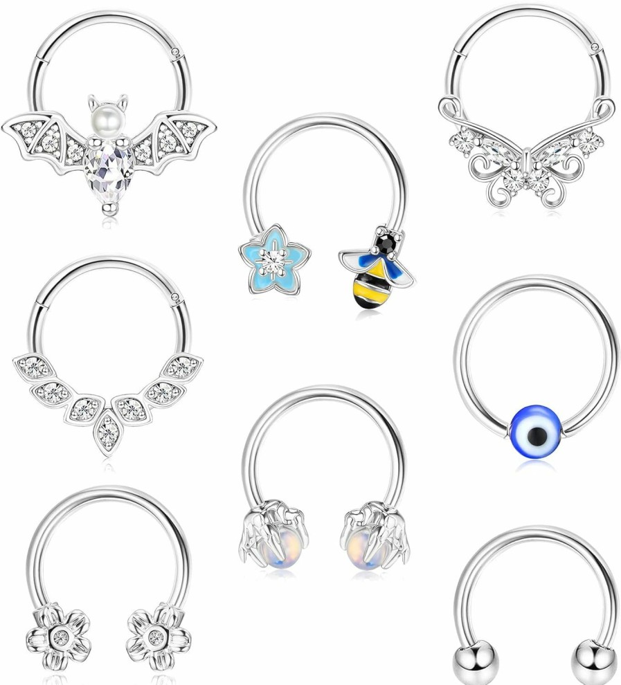 JOERICA Joerica 16G Septum Jewelry For Women Stainless Steel Horseshoe Septum Rings Cute Bee Flower Butterfly Claw Evil Eye Bead Rings Cartilage Earrings Hoop Helix Rook Daith Septum Piercing Jewelry 8/10Mm | Body Piercing Rings