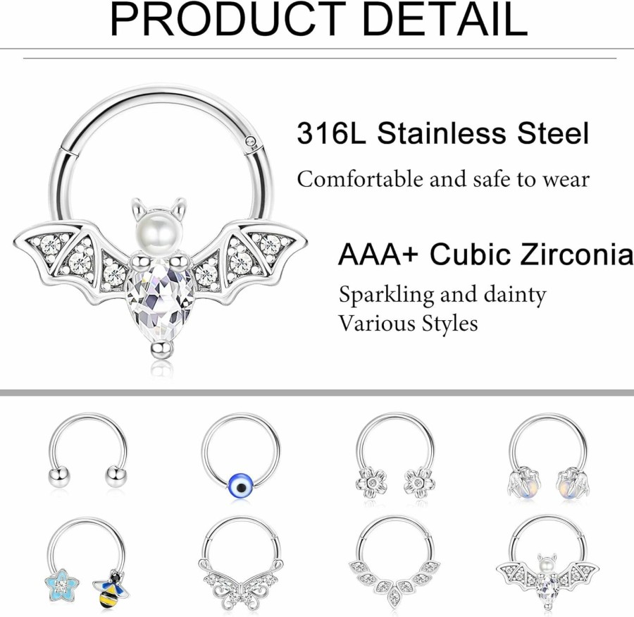 JOERICA Joerica 16G Septum Jewelry For Women Stainless Steel Horseshoe Septum Rings Cute Bee Flower Butterfly Claw Evil Eye Bead Rings Cartilage Earrings Hoop Helix Rook Daith Septum Piercing Jewelry 8/10Mm | Body Piercing Rings