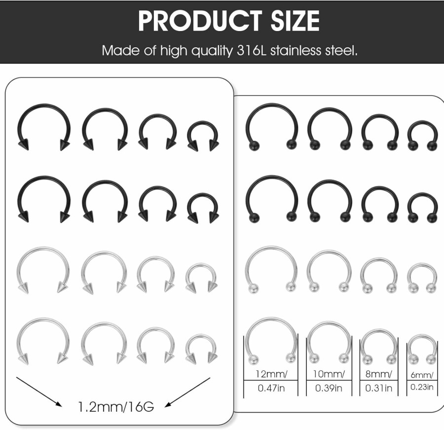 Yolev Yolev 32Pcs 16G Septum Nose Rings Stainless Steel Horseshoe Piercing Jewelry Surgical Steel Nose Septum Horseshoe Hoop Earrings Eyebrow For Women Men | Body Piercing Rings