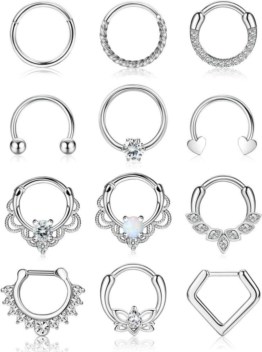 YADOCA Yadoca 12Pcs 16G Septum Rings For Women Men Hypoallergenic Surgical Steel Nose Piercings Jewelry Clicker Hinged Tragus Hoop Earrings Cz Love Nose Ring 8-10Mm | Body Piercing Rings