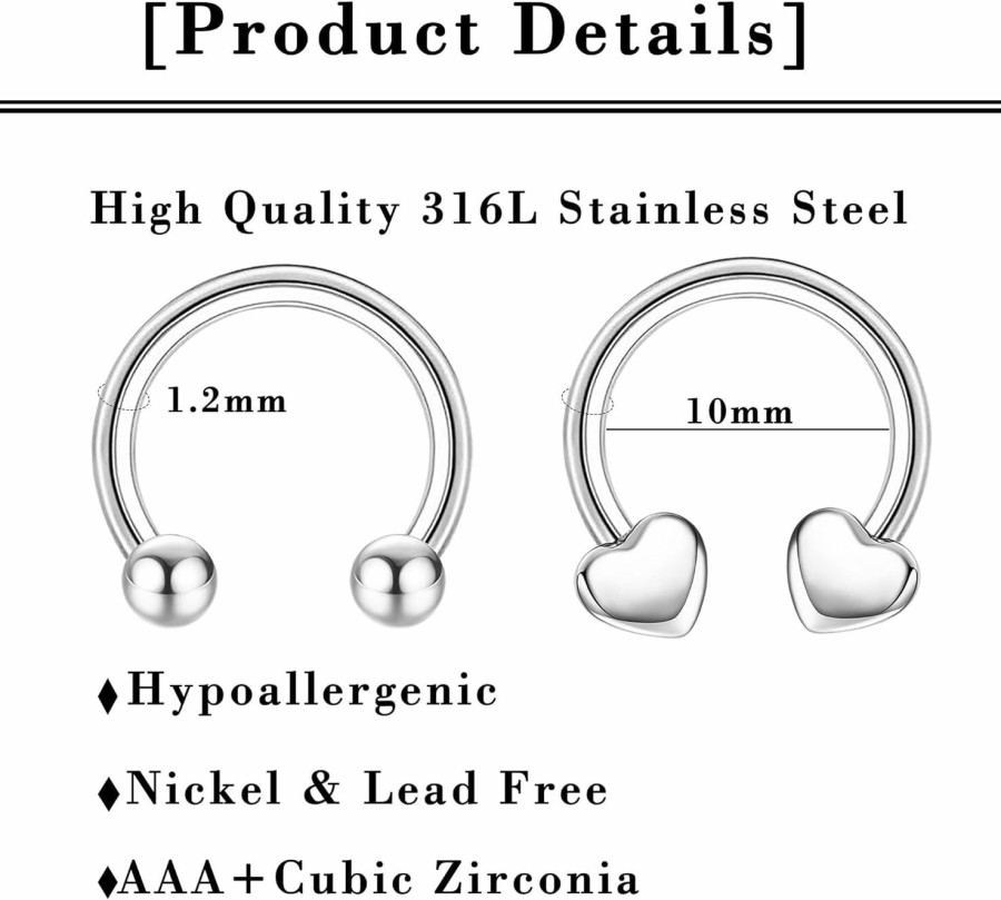 YADOCA Yadoca 12Pcs 16G Septum Rings For Women Men Hypoallergenic Surgical Steel Nose Piercings Jewelry Clicker Hinged Tragus Hoop Earrings Cz Love Nose Ring 8-10Mm | Body Piercing Rings