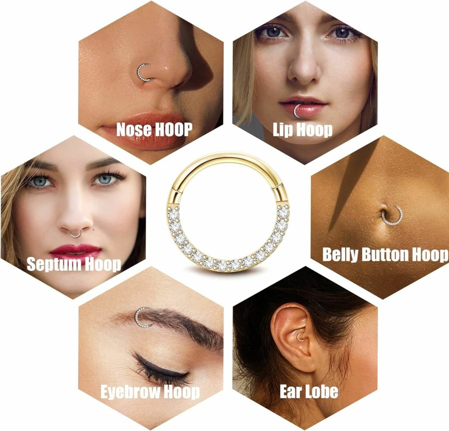 MILACOLATO Milacolato 16G 18G Septum Rings For Women | 316L Surgical Stainless Steel Hinged Septum Clicker Nose Rings Hoop | Opal Cz Cartilage Conch Helix Rook Body Piercing Jewelry | Body Piercing Rings