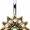 Pierced Owl Pierced Owl 14Ga 316L Stainless Steel Golden Aurora Borealis Crystal Flower With Synthetic Opal Center Belly Button Ring | Body Piercing Rings