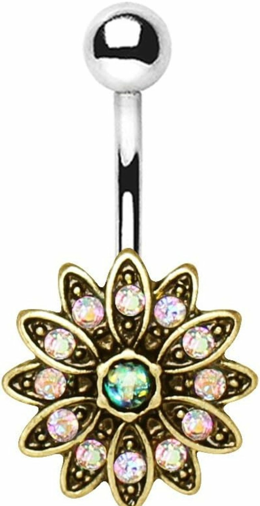 Pierced Owl Pierced Owl 14Ga 316L Stainless Steel Golden Aurora Borealis Crystal Flower With Synthetic Opal Center Belly Button Ring | Body Piercing Rings