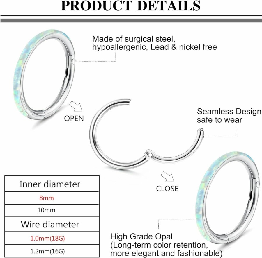 YADOCA Yadoca 7Pcs 18G 16G Surgical Steel Nose Rings Hoops For Women Men Opal Cz Clicker Hinged Segment Septum Lip Hoop Nose Rings Helix Cartilage Conch Daith Rook Earrings Piercing Jewelry 8Mm 10Mm | Body Piercing Rings