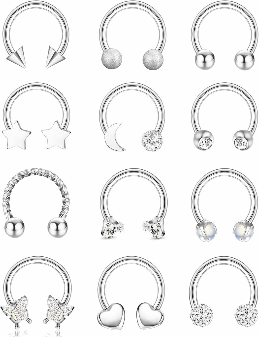 YADOCA Yadoca 12Pcs Septum Rings 16G Surgical Steel Nose Piercings Jewelry For Women Men Lip Tragus Horseshoe Hoop Earrings Cz Star Love Butterfly Nose Rings 8-10Mm | Body Piercing Rings