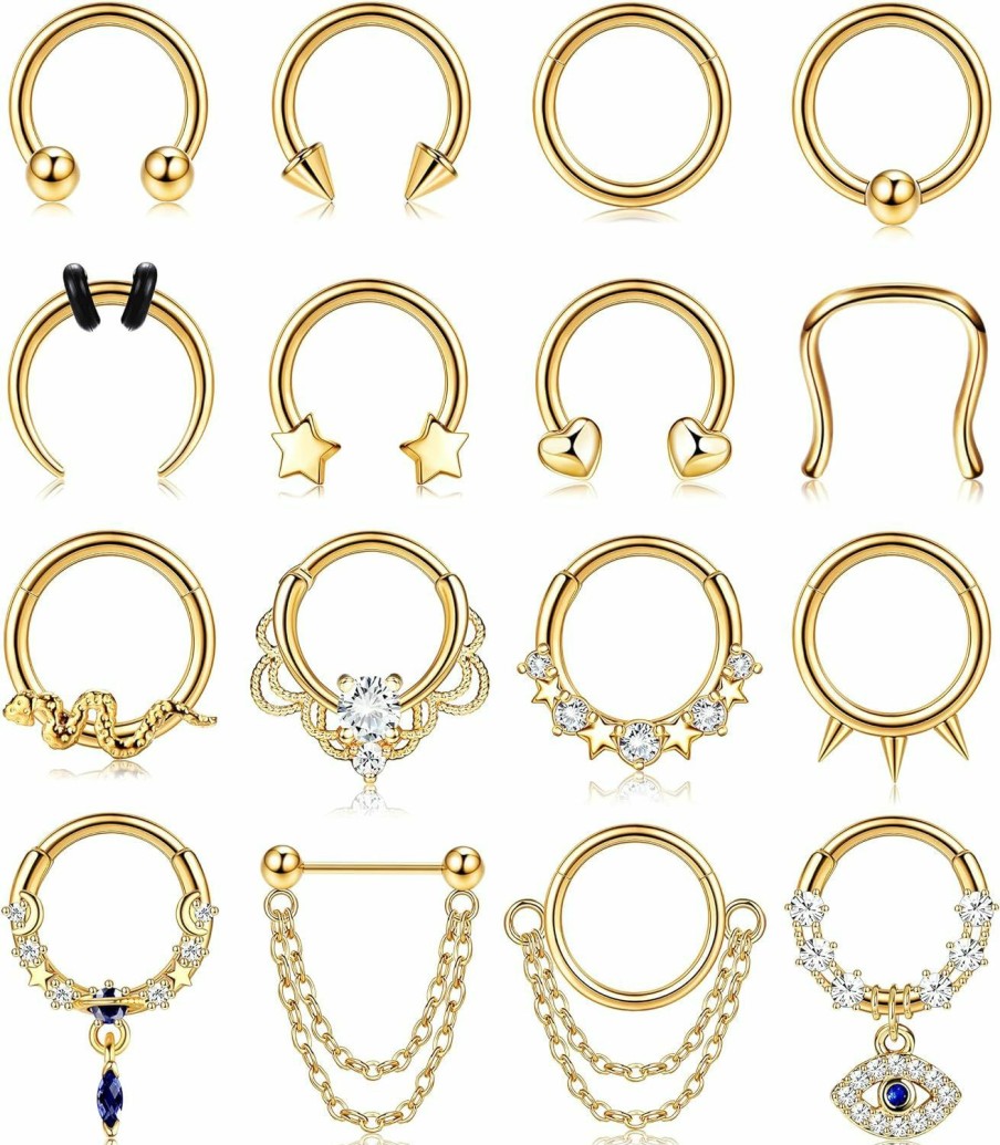 Fansilver Fansilver 16Pcs 16G Septum Rings For Women Men Gold Septum Jewelry Horseshoe Clicker Septum Rings Surgical Steel Helix Cartilage Hoop Earrings Daith Tragus Septum Nose Piercing Jewelry 8Mm | Body Piercing Rings