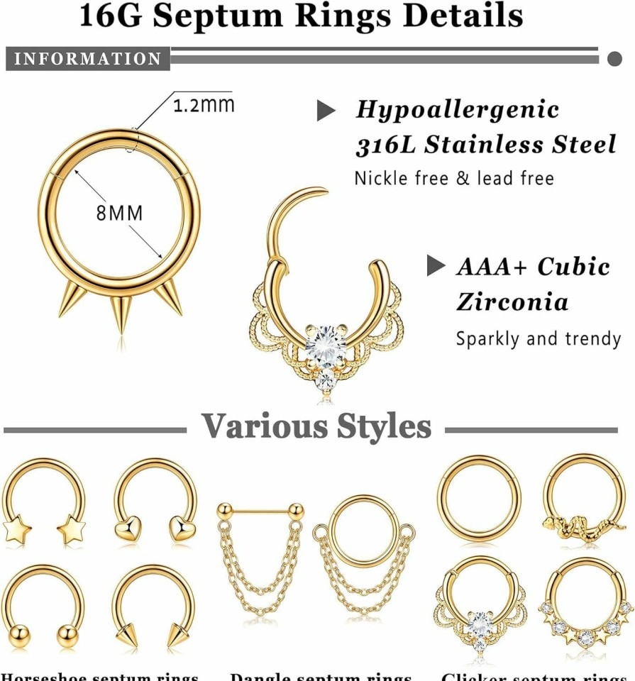 Fansilver Fansilver 16Pcs 16G Septum Rings For Women Men Gold Septum Jewelry Horseshoe Clicker Septum Rings Surgical Steel Helix Cartilage Hoop Earrings Daith Tragus Septum Nose Piercing Jewelry 8Mm | Body Piercing Rings