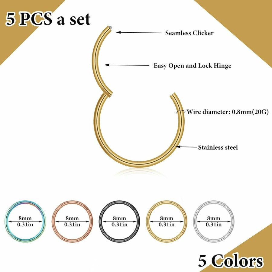 Yolev Yolev 5Pcs Nose Rings Hoop Set 316L Surgical Steel Earrings Septum Piercing Cartilage Hoop Nose Piercing Jewelry Stainless Steel Helix Tragus Lip Septum Ring Cartilage Earring | Body Piercing Rings