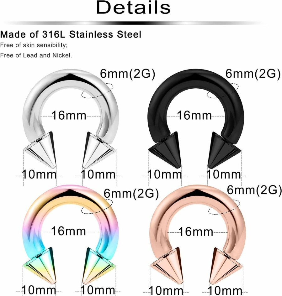 Ftovosyo Ftovosyo Pa Ring Internally Threaded Circular Horseshoe Barbells Spike Large Septum Ring Ear Gauges Earrings 2G 4G 6G 8G 12Mm/16Mm 316L Surgical Steel Body Piercing Jewelry For Women Men | Body Piercing Rings