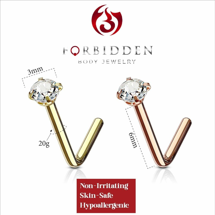 Forbidden Body Jewelry Forbidden Body Jewelry 20G 6Mm Surgical Steel L Shaped Nose Ring With 3Mm Cz Crystal | Body Piercing Rings