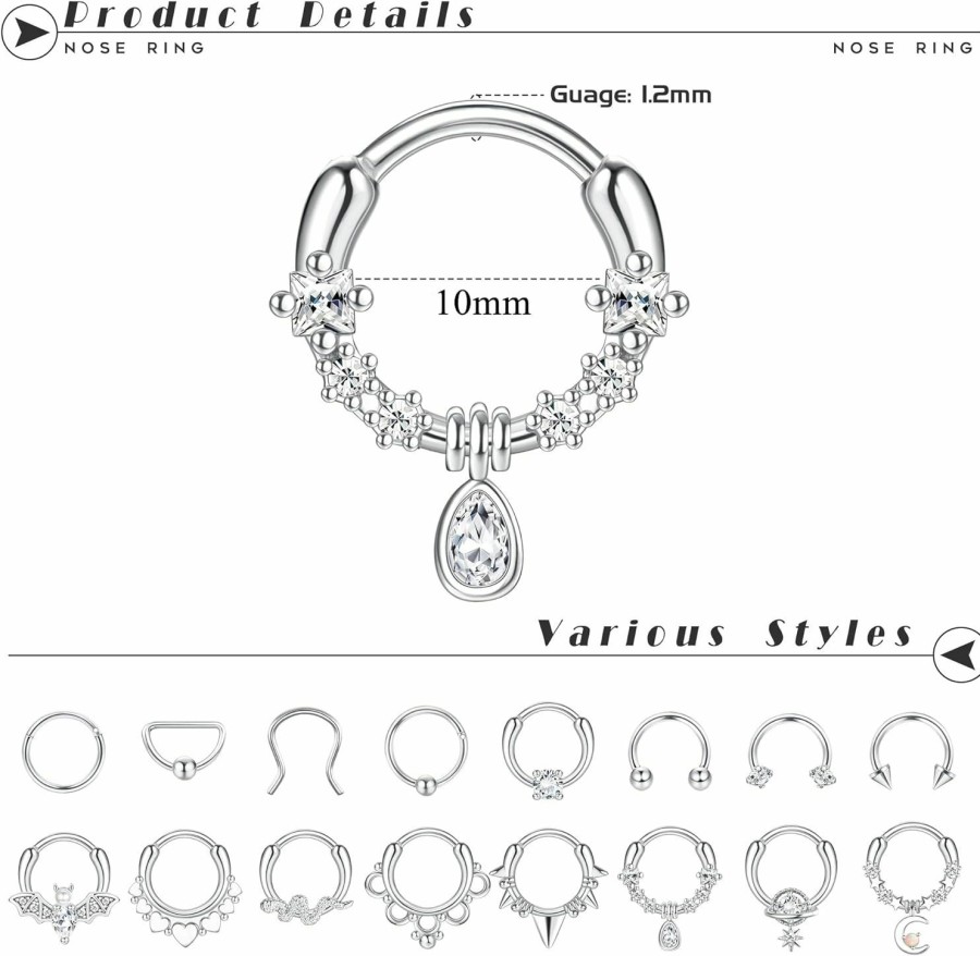 FIASASO Fiasaso 16Pcs 16G Septum Rings For Women Surgical Steel Hinged Seamless Nose Hoop Ring Septum Jewelry Cartilage Tragus Hoop Helix Daith Earrings | Body Piercing Rings