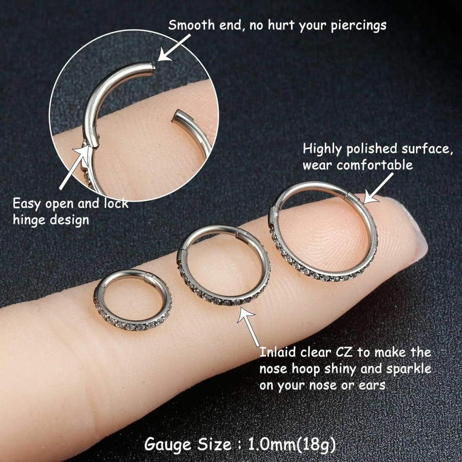 MILACOLATO Milacolato 1Pcs G23 Titanium Nose Rings Hoops Hypoallergenic Conch Piercing Jewelry 16G 18G 20G Hinged Segment Cz Paved Clicker Rings For Septum Cartilage Daith Helix Rook Tragus Ear Lobe Earrings For Women Men 6Mm/8Mm/10Mm | Body Piercing Rings