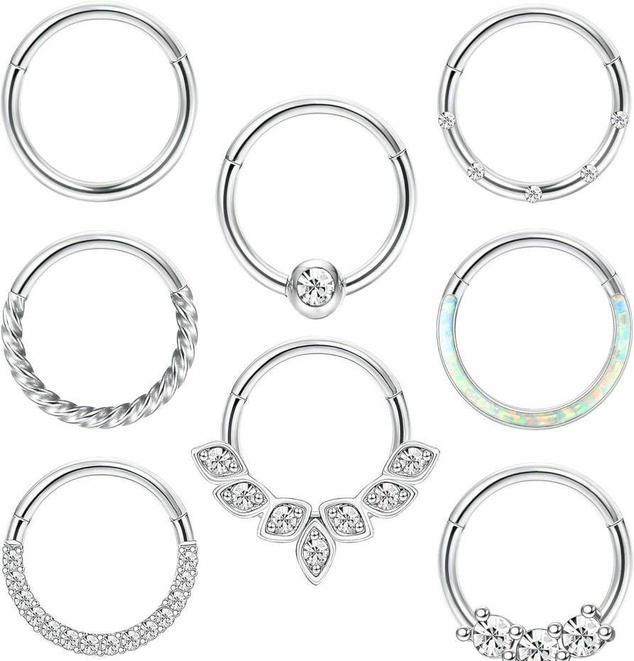 FIBO STEEL Fibo Steel 16G 18G Cartilage Hoop Earring Surgical Steel Septum Rings Clicker Septum Jewelry Cz Opal Hinged Daith Earrings Rook Tragus Helix Piercing Jewelry | Body Piercing Rings