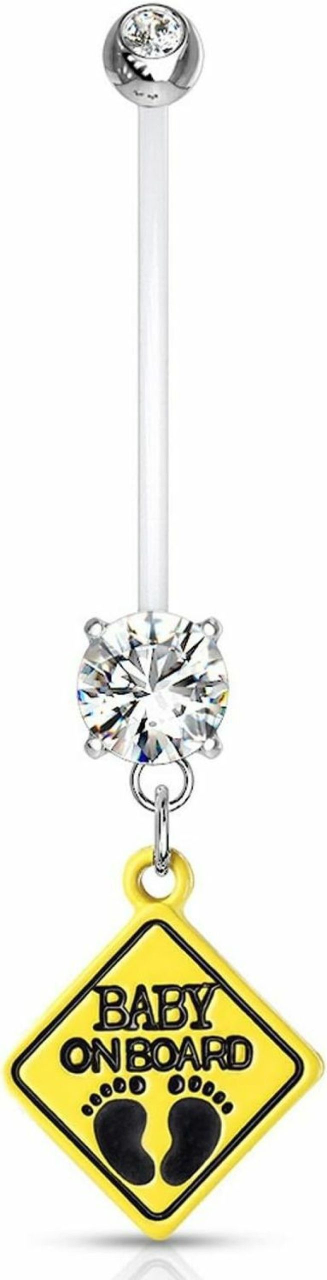 Vanmor Baby On Board Sign Steel Pregnancy Belly Button Navel Ring (14G-1 Inch Long Flexible Bar) (Clear) | Body Piercing Rings