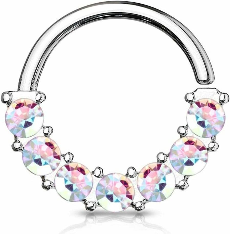 Amelia Fashion Amelia Fashion 18 Gauge 7 Aurora Borealis Gem Front Facing Set Bendable Hoop Rings For Ear Cartilage, Daith, Nose Septum And More All 316L Surgical Steel | Body Piercing Rings