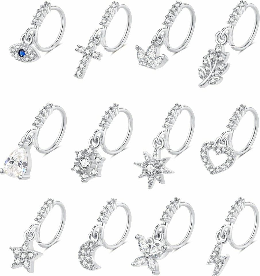 LOAYHOAY Loayhoay 12Pcs 20G Dangle Nose Ring Hoop For Women Cartilage Helix Earring Moon Star Cross Evil Eye Dangle Nose Piercing Set | Body Piercing Rings