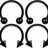 Evonix 4Pc 14G 1.6Mm Surgical Steel Black Horseshoe Earrings 14 Gauge 4Mm Ball Spike Septum Earrings Eyebrow Piercing Jewelry | Body Piercing Rings