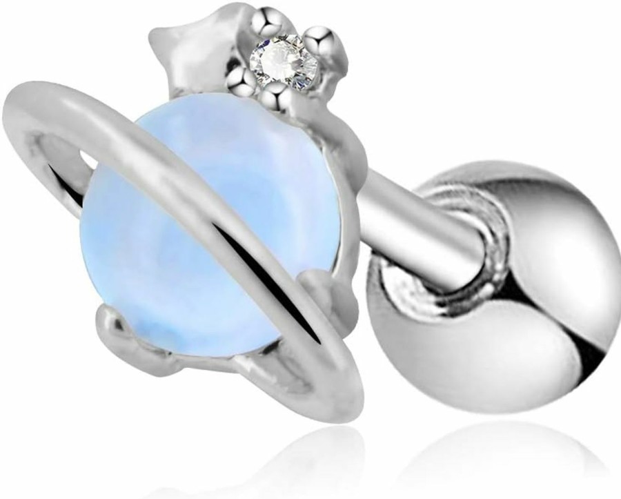 OUFER Oufer 16G Stainless Steel Cartilage Earring Air Blue Opal Stone Saturn Helix Earring | Body Piercing Rings