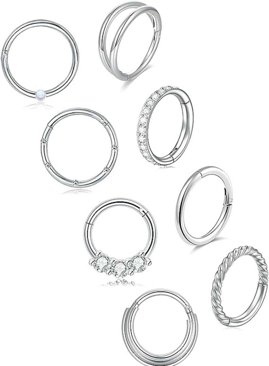 Akeoqi Akeoqi 8Pcs 16G Stainless Steel Nose Rings Hoops Cz Opal Seamless Hinged Clickers Septum Ring Tragus Conch Helix Cartilage Hoop Earrings Daith Rook Nose Piercings Jewelry Sets For Women Men 8Mm 10Mm | Body Piercing Rings