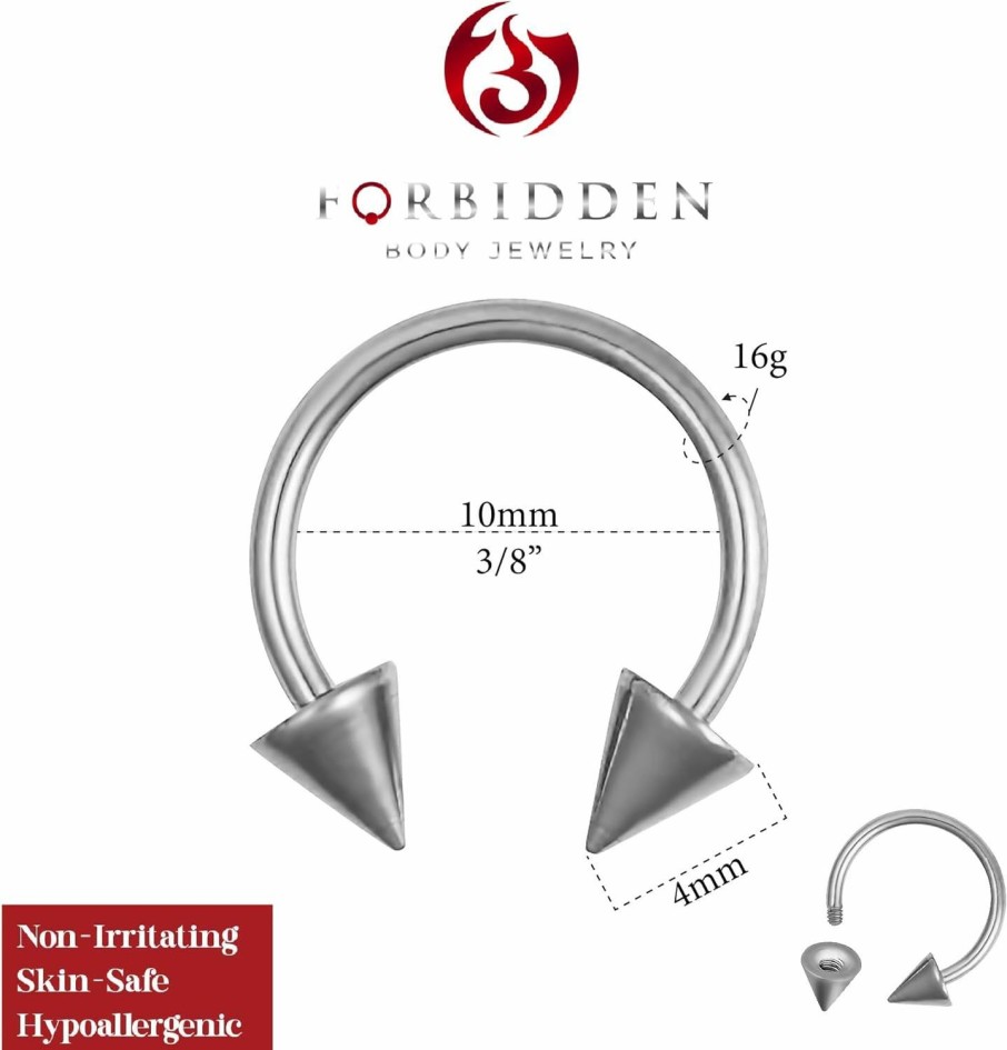 Forbidden Body Jewelry Forbidden Body Jewelry 16G 10 Mm (3/8\") Solid Grade 23 Titanium Double Spike Horseshoe Body Piercing Ring, 4 Mm Cones | Body Piercing Rings