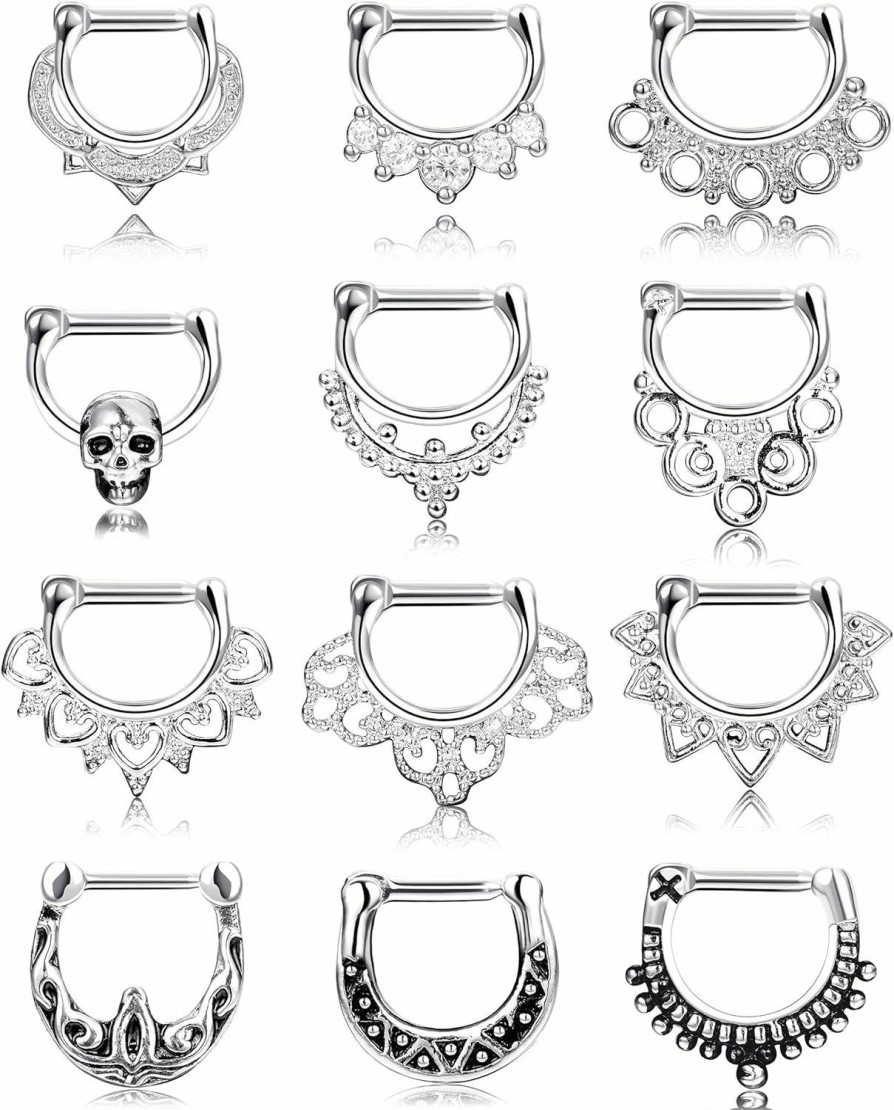 FINREZIO Finrezio 12 Pcs 14G Stainless Steel Nose Rings Hoop Cartilage Earrings Septum Clicker Bull Rings Cz Body Piercing Jewelry | Body Piercing Rings