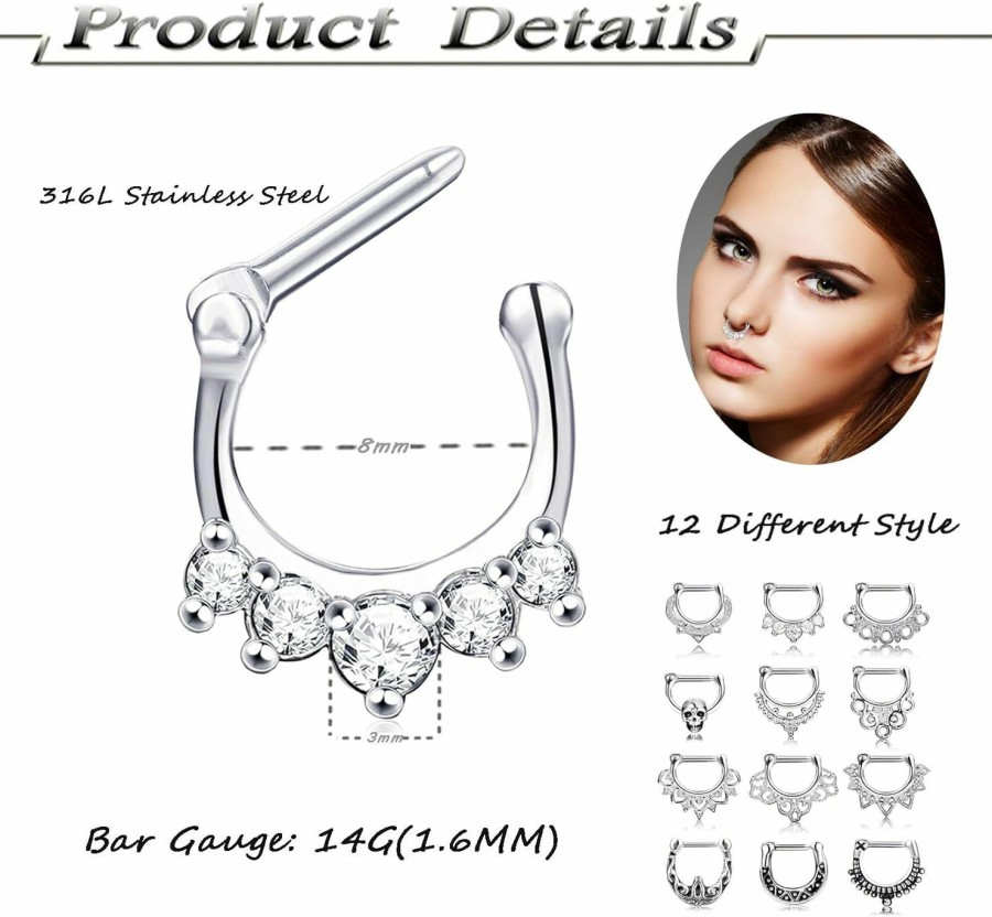 FINREZIO Finrezio 12 Pcs 14G Stainless Steel Nose Rings Hoop Cartilage Earrings Septum Clicker Bull Rings Cz Body Piercing Jewelry | Body Piercing Rings