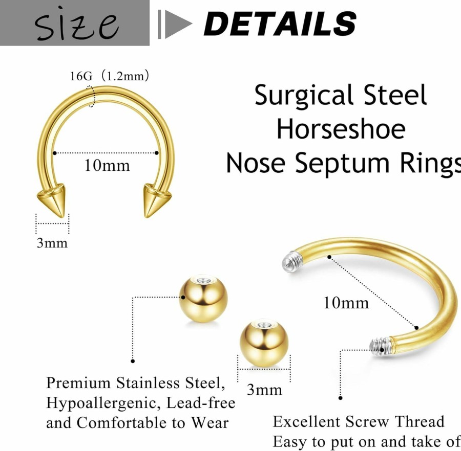 TEN MIRO Ten Miro 32Pcs 16G Horseshoe Nose Septum Rings Surgical Steel Eyebrow Tragus Lip Rings Daith Helix Cartilage Piercing Jewelry For Women Men Balls & Spikes Septum Jewelry 8Mm 10Mm | Body Piercing Rings