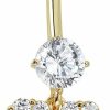 AVORA Avora 10K Gold Simulated Diamond Cz Dangling Double Heart Belly Button Ring Body Jewelry (14 Gauge) | Body Piercing Rings