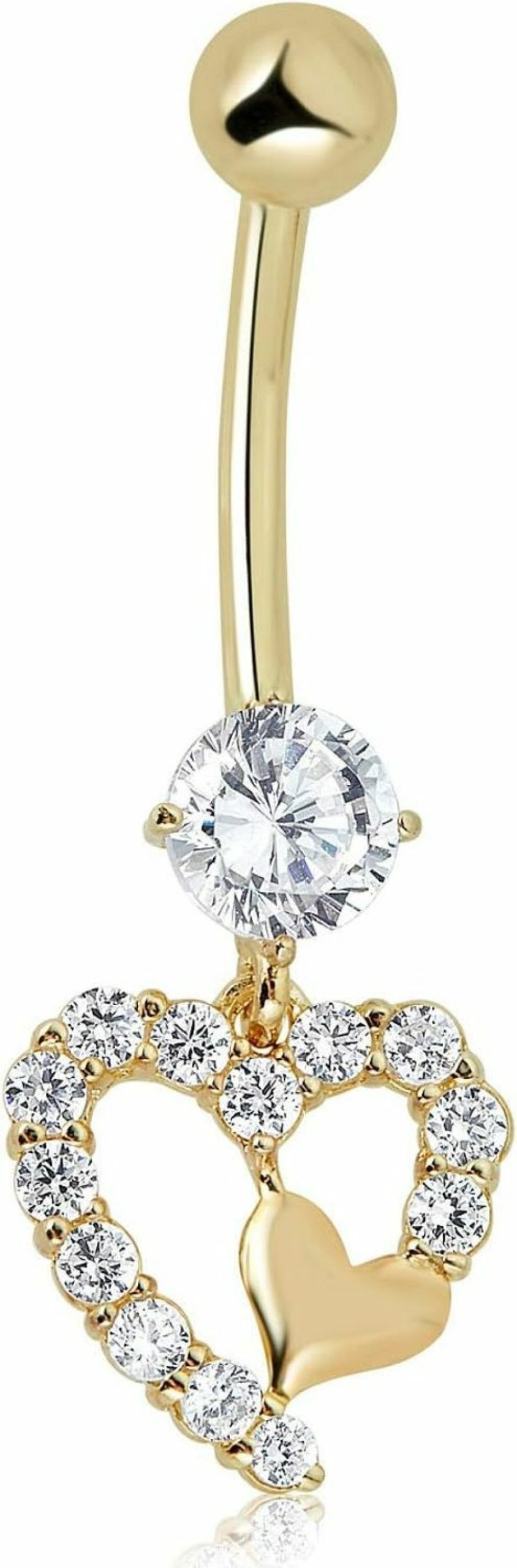 AVORA Avora 10K Gold Simulated Diamond Cz Dangling Double Heart Belly Button Ring Body Jewelry (14 Gauge) | Body Piercing Rings