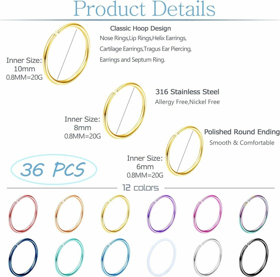 Magitaco Magitaco 36Pcs 20G Nose Ring Hoop 316L Stainless Steel Nose Piercing Lip Septum Tragus Ring Helix Cartilage Earring Hoop Piercing Nose Rings For Women Men | Body Piercing Rings