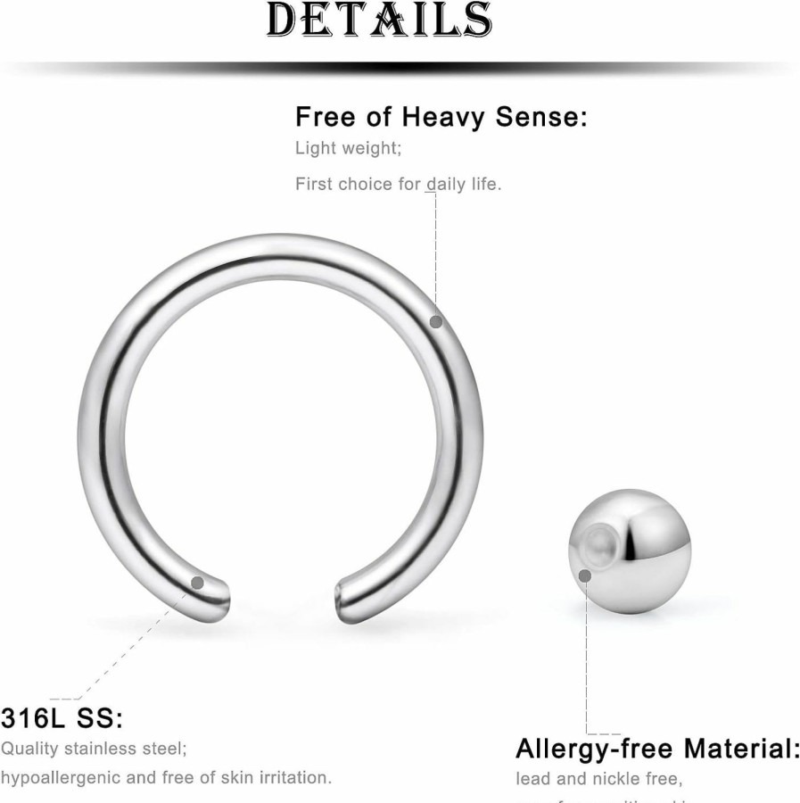 Kridzisw Kridzisw 16G Septum Nose Rings Eyebrow Lip Rings Lobe Earrings Hoop 316L Surgical Steel Cartilage Helix Tragus Rook Daith Earrings Hoops Piercing Jewelry For Women Men 6Mm 8Mm 10Mm 12Mm 14Mm 16Mm | Body Piercing Rings