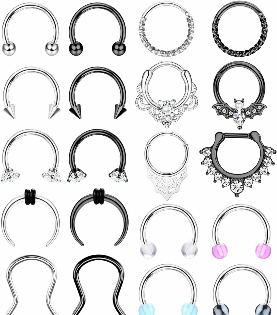 ZELORES Zelores 20Pcs 16G Septum Rings Horseshoe Septum Jewelry Stainless Steel Lip Nose Rings Hoops Helix Tragus Earrings Daith Cartilage Piercing Jewelry Silver Black Septum Ring Set For Women Men 8Mm 10Mm | Body Piercing Rings