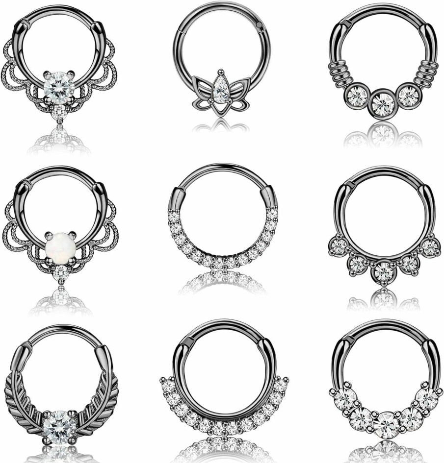 Drperfect Drperfect 9Pcs 16G Septum Rings Opal Daith Earrings Hoop Nose Rings 316L Stainless Steel Cz Cartilage Helix Tragus Earrings Septum Clicker Piercing Jewerly | Body Piercing Rings