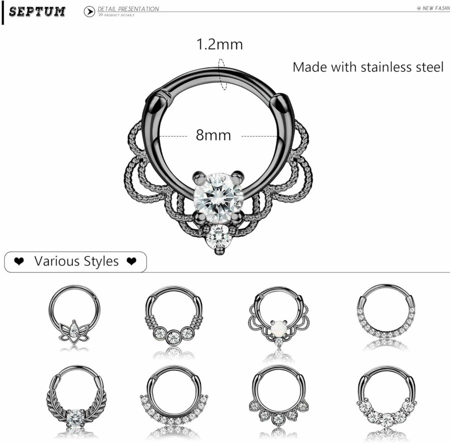 Drperfect Drperfect 9Pcs 16G Septum Rings Opal Daith Earrings Hoop Nose Rings 316L Stainless Steel Cz Cartilage Helix Tragus Earrings Septum Clicker Piercing Jewerly | Body Piercing Rings