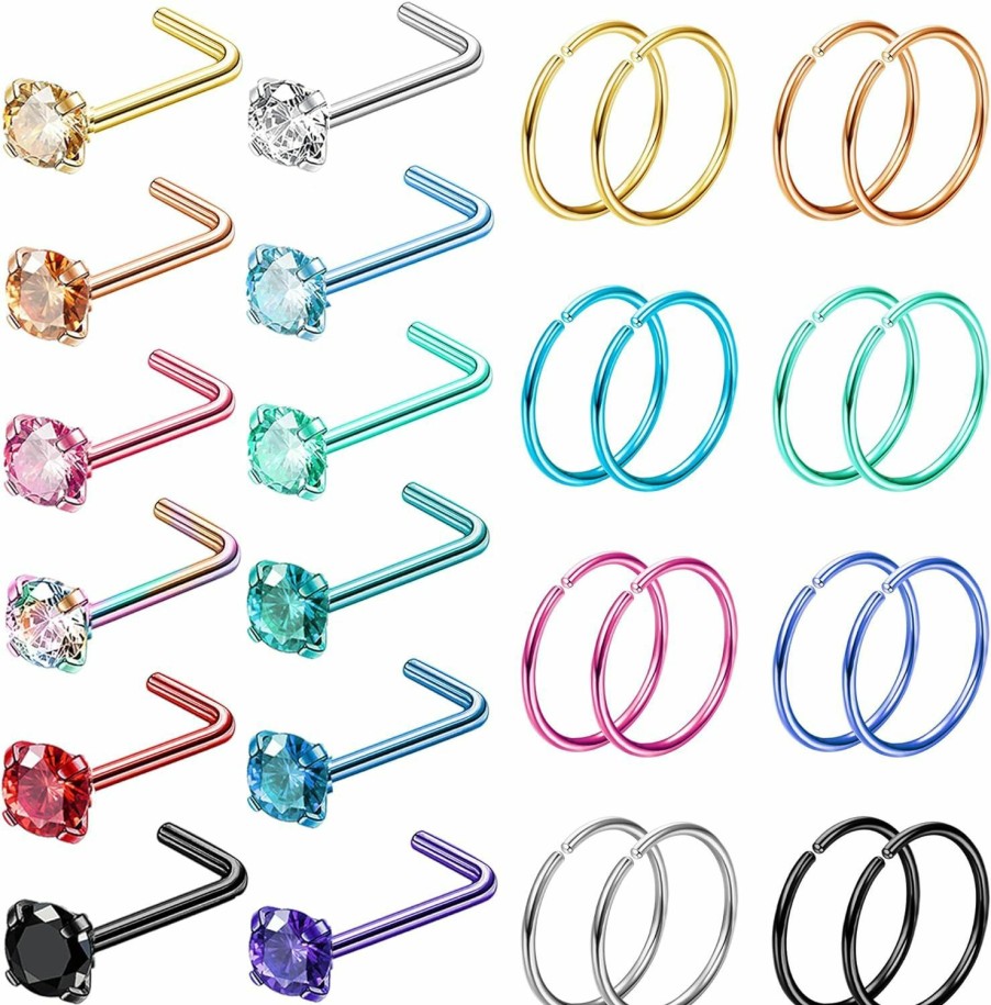 FIBO STEEL Fibo Steel 28 Pcs Nose Rings Hoops L Shaped Nose Ring Set Nose Rings Studs For Women Men Cubic Zircon Nose Piercing Jewelry Neon Nose Rings Hoops 18G 20G 22G | Body Piercing Rings