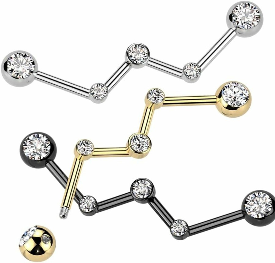 Amelia Fashion Amelia Fashion 14 Gauge 316L Surgical Steel Zig Zag Industrial Barbell With Bezel Set Forward Facing Gems | Body Piercing Rings