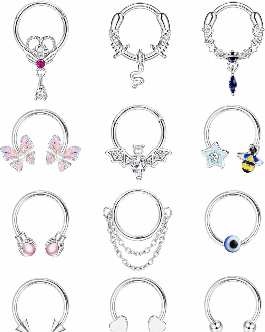 JOERICA Joerica 12Pcs 16G Septum Rings For Women Men Stainless Steel Dangle Septum Jewelry Blue Planet Snake Cz Butterfly Bat Spiked Daith Earrings Hoop Nose Rings Cartilage Helix Cute Septum Piercing Jewelry | Body Piercing Rings