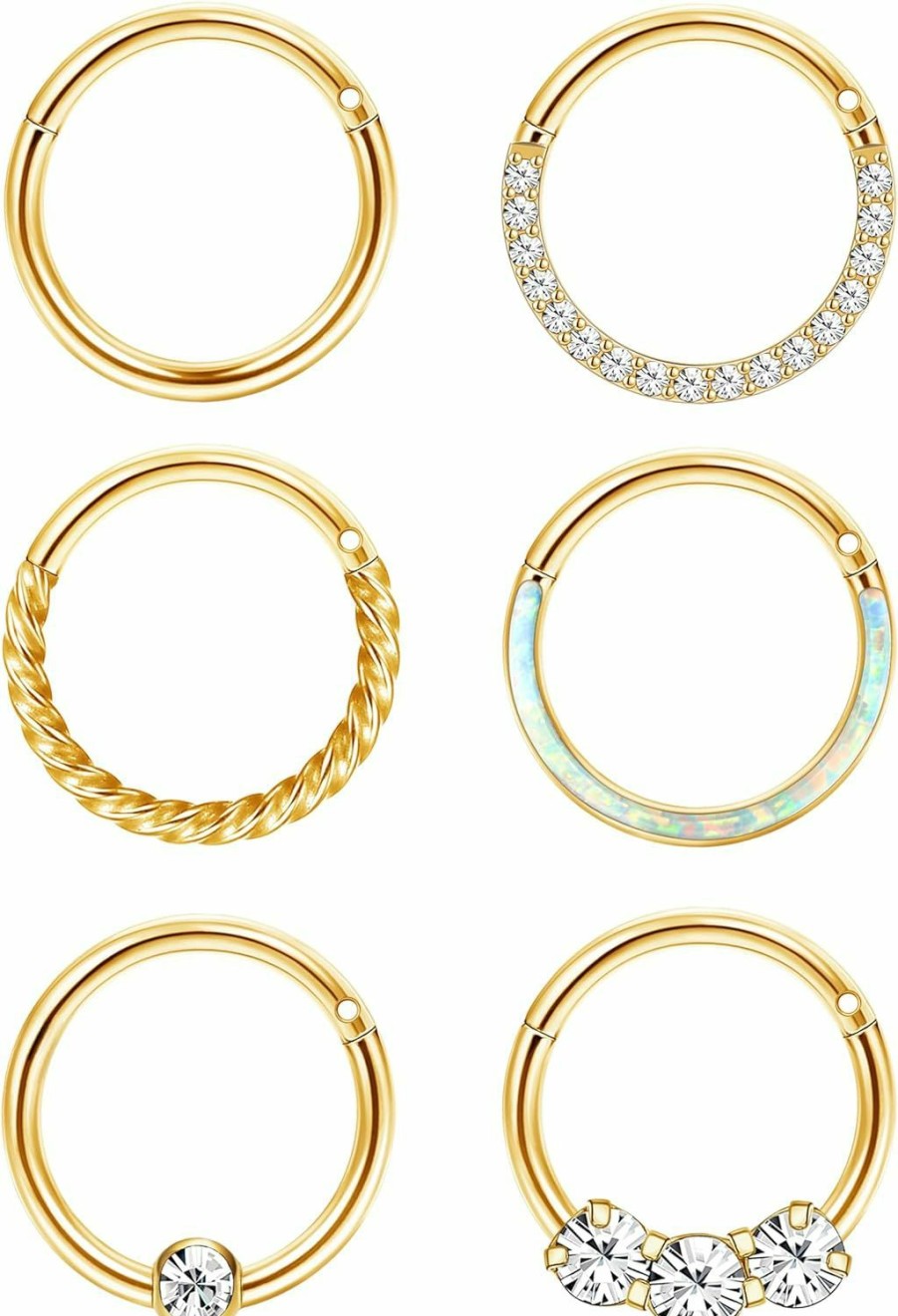 Jstyle Jstyle 6Pcs Septum Rings 16G 18G Surgical Steel Nose Rings Hoop For Women Cartilage Hoop Earring Clicker Septum Jewelry Cz Opal Hinged Nose Ring Lip Helix Daith Rook Tragus Nose Piercing Jewelry | Body Piercing Rings